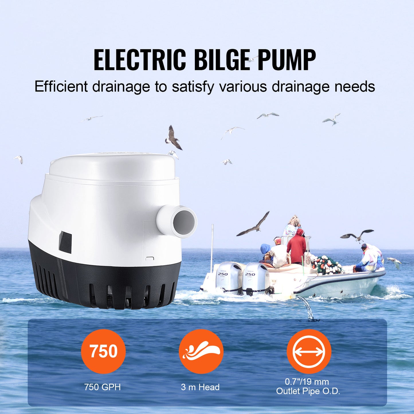 VEVOR Bilge Pump, 750GPH 12V Automatic Submersible Boat Bilge Water Outlet Diameter, Small Boat BilgeMarine Electric Bilge