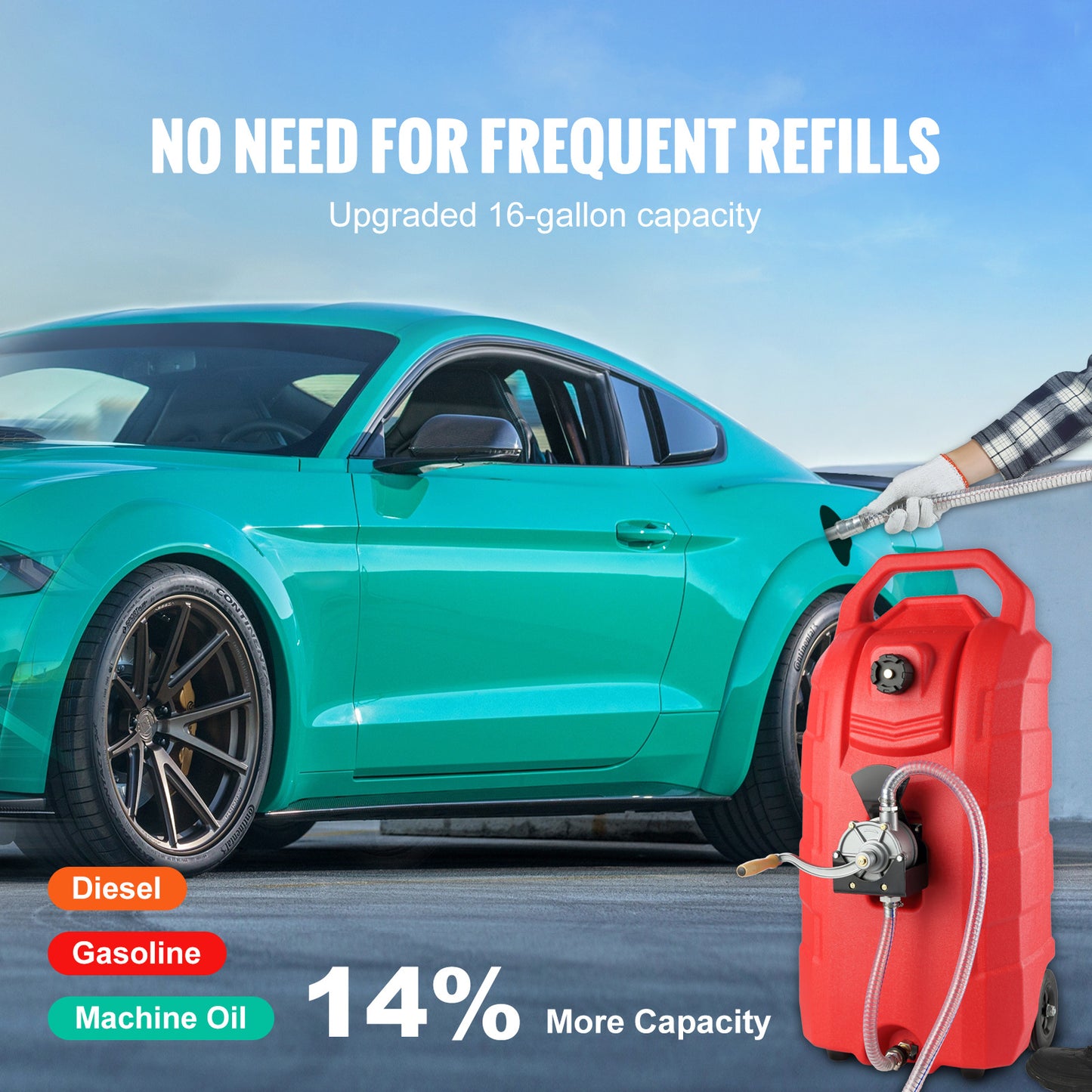 VEVOR 16 Gallon Fuel Caddy, Portable Gas Storage Tank Container With Hand Rubber Wheels, Fuel Transfer Storage Tank For Gasoline Machine Oil Car Mowers Tractor Boat Motorcycle
