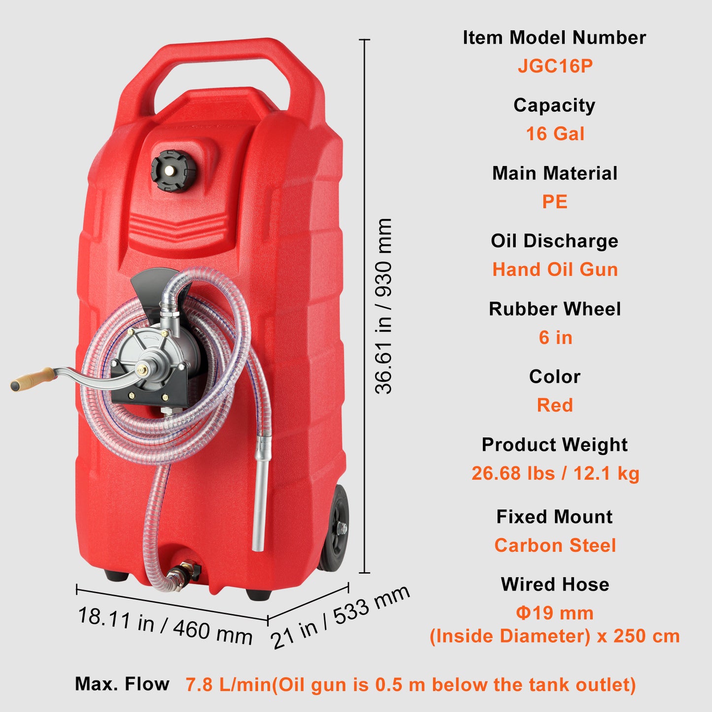 VEVOR 16 Gallon Fuel Caddy, Portable Gas Storage Tank Container With Hand Rubber Wheels, Fuel Transfer Storage Tank For Gasoline Machine Oil Car Mowers Tractor Boat Motorcycle