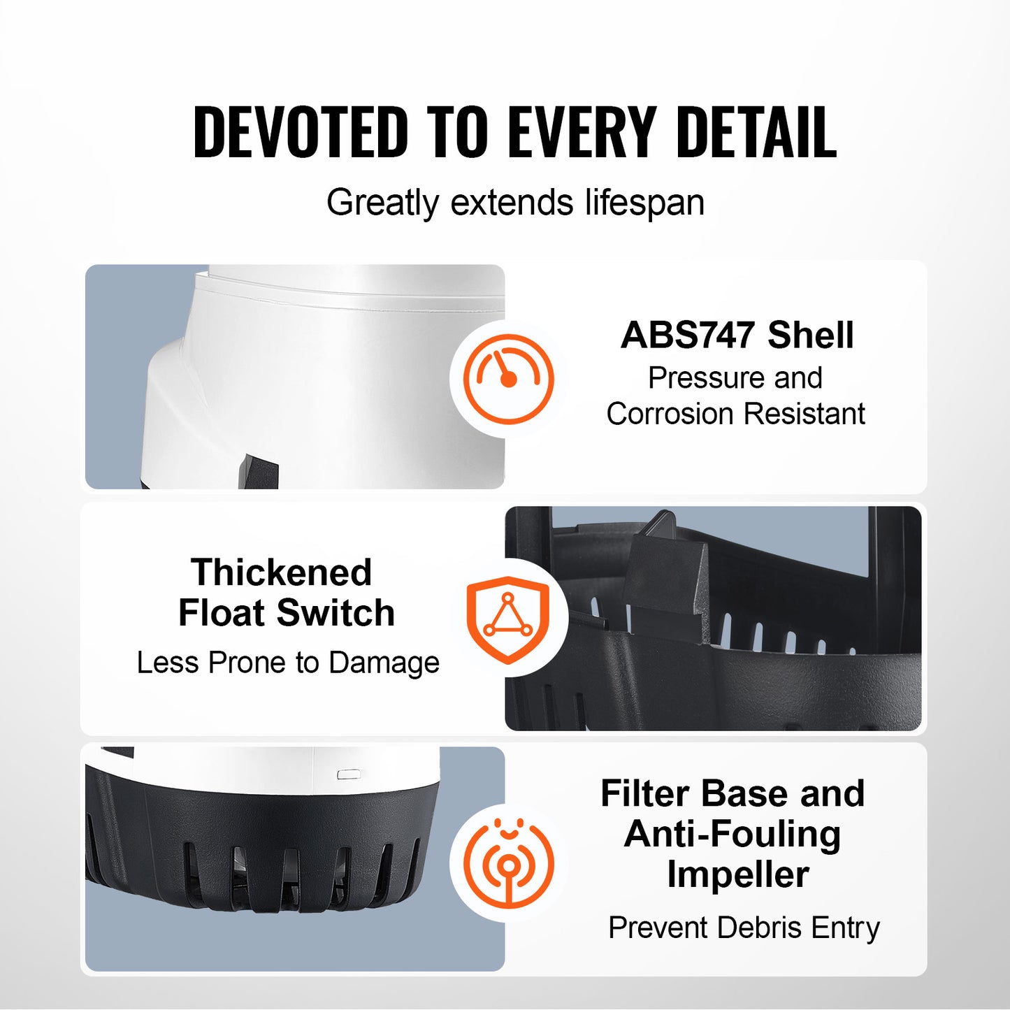 VEVOR Bilge Pump, 750GPH 12V Automatic Submersible Boat Bilge Water Outlet Diameter, Small Boat BilgeMarine Electric Bilge