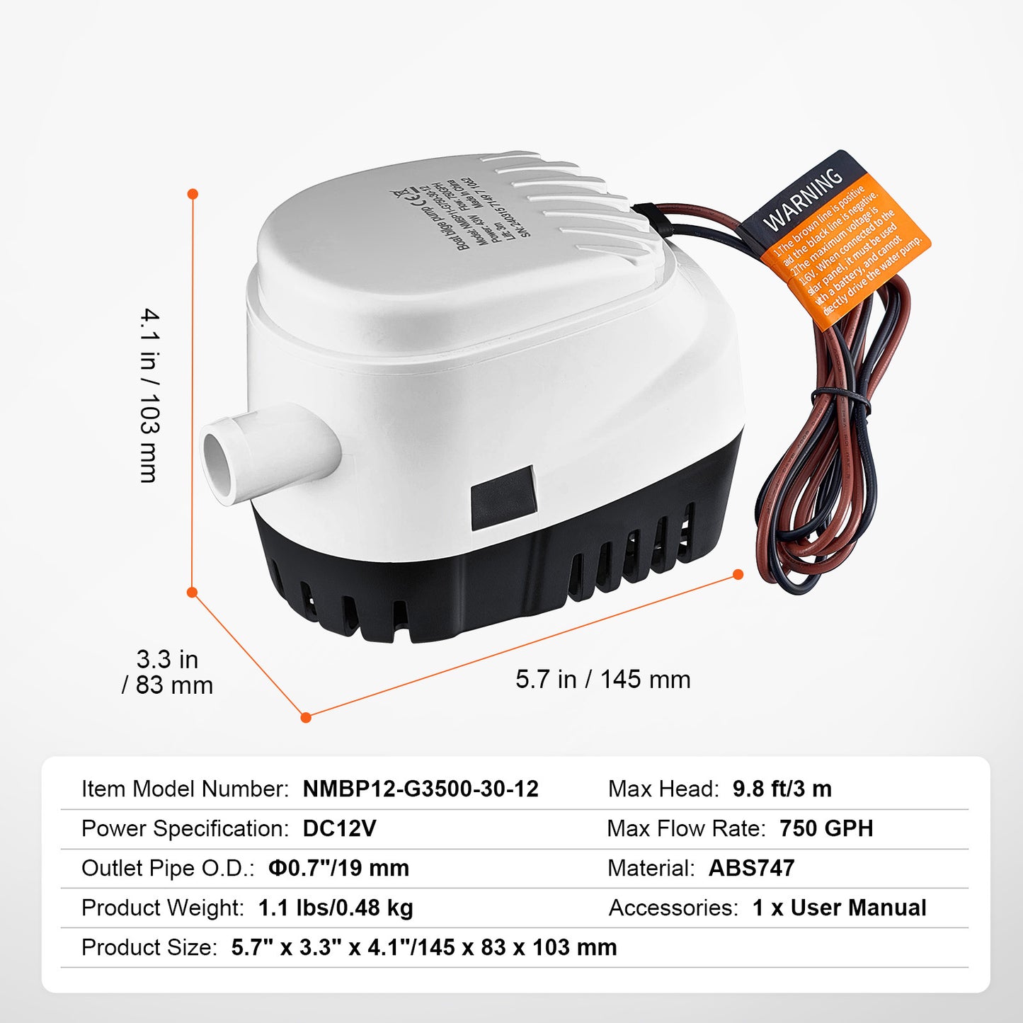 VEVOR Bilge Pump, 750GPH 12V Automatic Submersible Boat Bilge Water Outlet Diameter, Small Boat BilgeMarine Electric Bilge