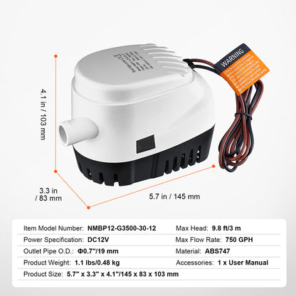 VEVOR Bilge Pump, 750GPH 12V Automatic Submersible Boat Bilge Water Outlet Diameter, Small Boat BilgeMarine Electric Bilge